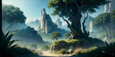 Landscape, green summer jungle in the mountains.Generative AI photo