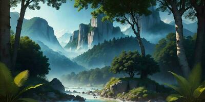 Landscape, green summer jungle in the mountains. Generative AI photo