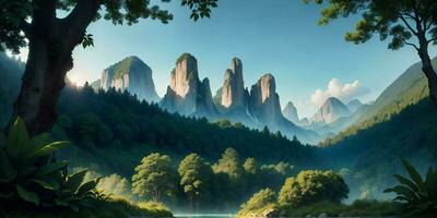 Landscape, green summer jungle in the mountains. Generative AI photo
