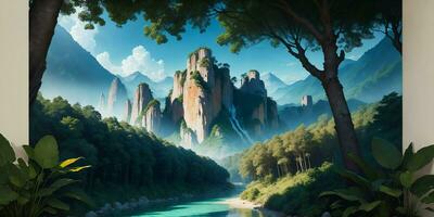 Landscape, green summer jungle in the mountains.Generative AI photo