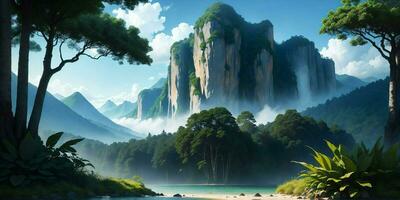 Landscape, green summer jungle in the mountains.Generative AI photo