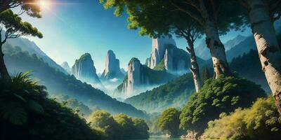 Landscape, green summer jungle in the mountains.Generative AI photo
