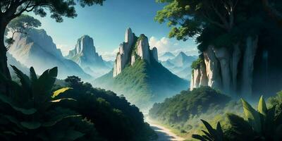 Landscape, green summer jungle in the mountains.Generative AI photo
