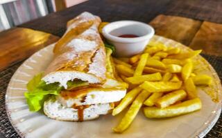 Baguette sandwich toast bread with chicken tomato salad potatoes fries. photo