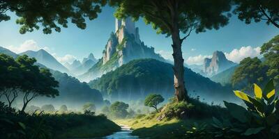 Landscape, green summer jungle in the mountains. Generative AI photo