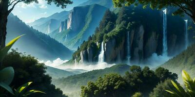 Landscape, green summer jungle in the mountains. Generative AI photo