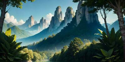 Landscape, green summer jungle in the mountains. Generative AI photo