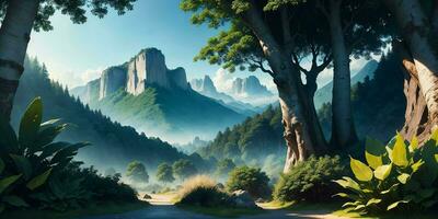 Landscape, green summer jungle in the mountains. Generative AI photo