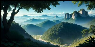 Landscape, green summer jungle in the mountains. Generative AI photo