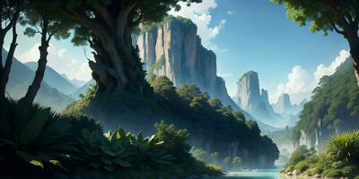 Landscape, green summer jungle in the mountains. Generative AI photo
