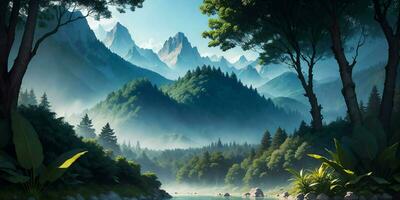 Landscape, green summer jungle in the mountains. Generative AI photo