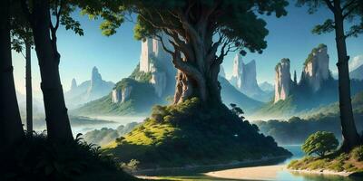 Landscape, green summer jungle in the mountains. Generative AI photo