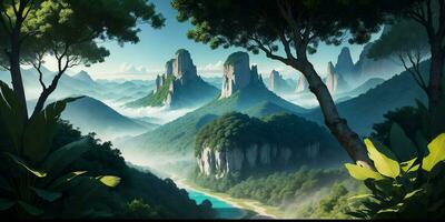 Landscape, green summer jungle in the mountains. Generative AI photo