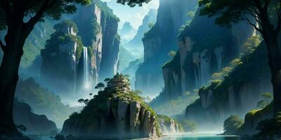 Landscape, green summer jungle in the mountains. Generative AI photo