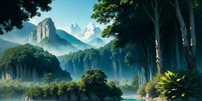 Landscape, green summer jungle in the mountains. Generative AI photo