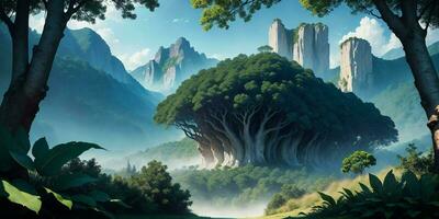 Landscape, green summer jungle in the mountains. Generative AI photo