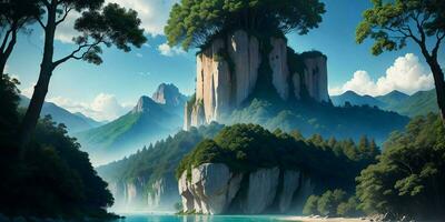 Landscape, green summer jungle in the mountains. Generative AI photo