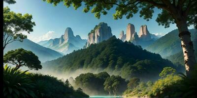 Landscape, green summer jungle in the mountains. Generative AI photo