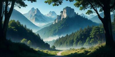 Landscape, green summer jungle in the mountains. Generative AI photo