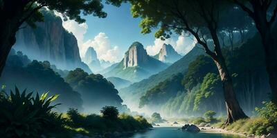 Landscape, green summer jungle in the mountains. Generative AI photo