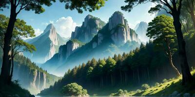 Landscape, green summer jungle in the mountains. Generative AI photo