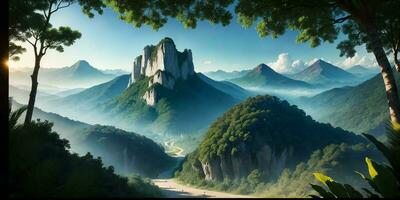 Landscape, green summer jungle in the mountains. Generative AI photo