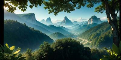 Landscape, green summer jungle in the mountains. Generative AI photo