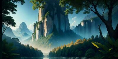 Landscape, green summer jungle in the mountains. Generative AI photo