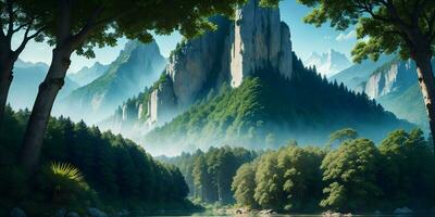 Landscape, green summer jungle in the mountains. Generative AI photo