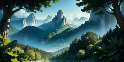 Landscape, green summer jungle in the mountains. Generative AI photo