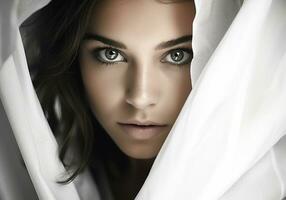 Portrait of a woman with her face covered by white cloth. Captivating elegance style, with soft makeup. AI generative photo