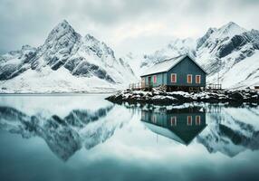 un pequeño casa en el medio de el agua con montañas en el antecedentes. color paleta con el esencia de naturaleza. invierno tiempo. ai generativo foto