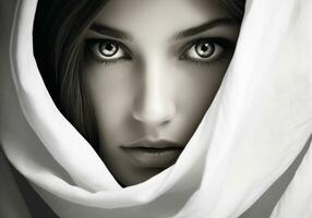 Portrait of a woman with her face covered by white cloth. Captivating elegance style, with soft makeup. AI generative photo