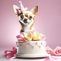 Beautiful cute chihuahua puppy with a huge cake. Happy pet birthday. AI-generated photo