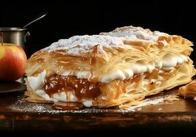 Applestrudel, typical Austrian dessert made with apple and puff pastry. AI generative photo