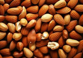 Delicious nuts background. Autumn time. AI generative photo