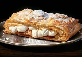 Applestrudel, typical Austrian dessert made with apple and puff pastry. AI generative photo