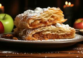 Applestrudel, typical Austrian dessert made with apple and puff pastry. AI generative photo