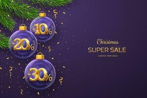 Christmas sale banner. 10, 20, 30 percent Off discount promotion. Realistic golden 10, 20, 30 numbers in a transparent glass balls on purple background. Advertising poster, flyer. Vector illustration.