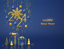 Happy New Year 2024. Hanging golden metallic numbers 2024 with snowflake, stars and balls on blue background. Gift boxes and golden metallic pine or fir, cone shape spruce trees. Vector illustration.