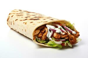 Doner kebab with meat and vegetables on white background, Shawarma or Doner with chicken roll on isolated white background, AI Generated photo