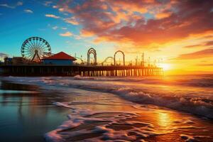 Papa Noel monica muelle a atardecer, los ángeles, California, EE.UU, Papa Noel monica muelle a atardecer, ai generado foto