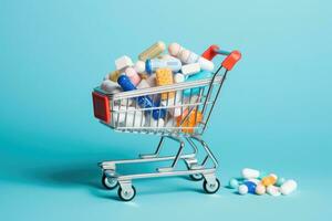 Shopping cart full of colorful pills on blue background with copy space, Shopping cart full of pills and bottles with medicines on blue background, AI Generated photo