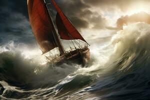 Sailing boat in stormy sea. 3D Rendering, sail boat on rough water, AI Generated photo