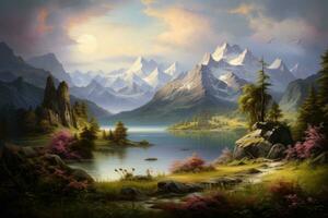 fantasía paisaje con montañas, lago y bosque. digital cuadro, Renacimiento era pintura con un tranquilo natural paisaje con majestuoso montañas, ai generado foto