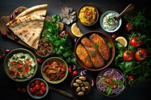 Traditional Middle Eastern appetizers on dark wooden background. Top view, Selection of traditional greek food, salad, meze, pie, fish, tzatziki, dolma on wood background, top view, AI Generated photo