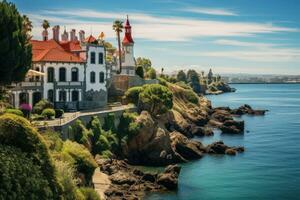 Landscape with the image of a castle on the coast of the sea, Scenic view in Cascais, Lisbon district, Portugal, AI Generated photo