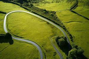 aéreo ver de un devanado la carretera en el medio de un verde campo, la carretera en el campo de waikato aéreo zumbido vista, ai generado foto