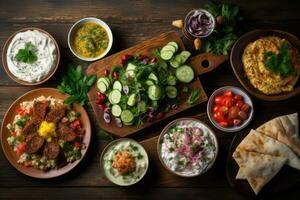 Traditional mexican food on wooden background. Tzatziki, tzatziki, cucumber salad, pita bread, tzatziki, tzatziki, pita bread, Selection of traditional greek food, salad, AI Generated photo