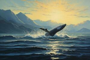 Humpback whale swimming in the sea at sunset. 3D Rendering, Seascape with Whale tail, AI Generated photo